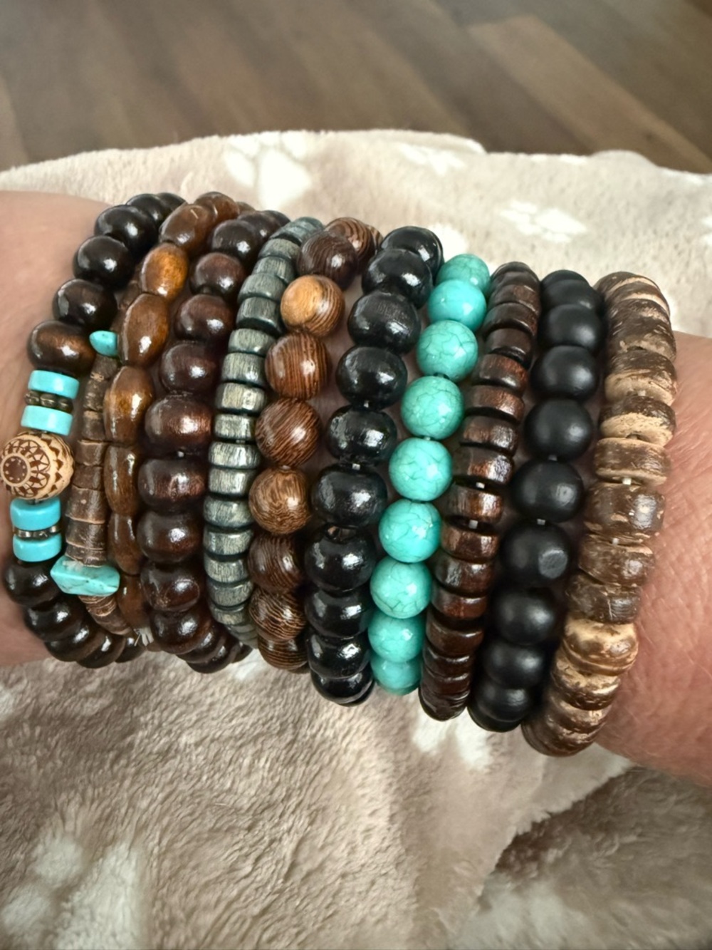 Turquoise & Wood Bead Stretch Bracelet Set - Women
